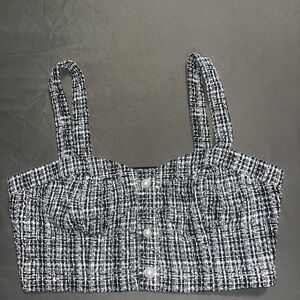 Forever 21 Black & White Tweed Crop Cami with Pearl Buttons